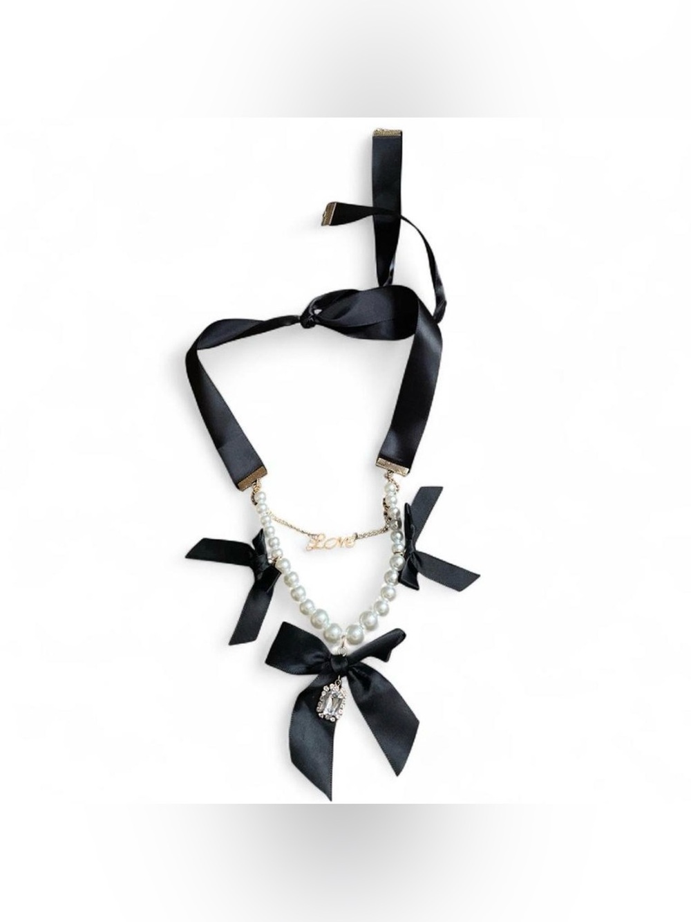 Pearl & Ribbon 'Love' Statement Necklace in Black